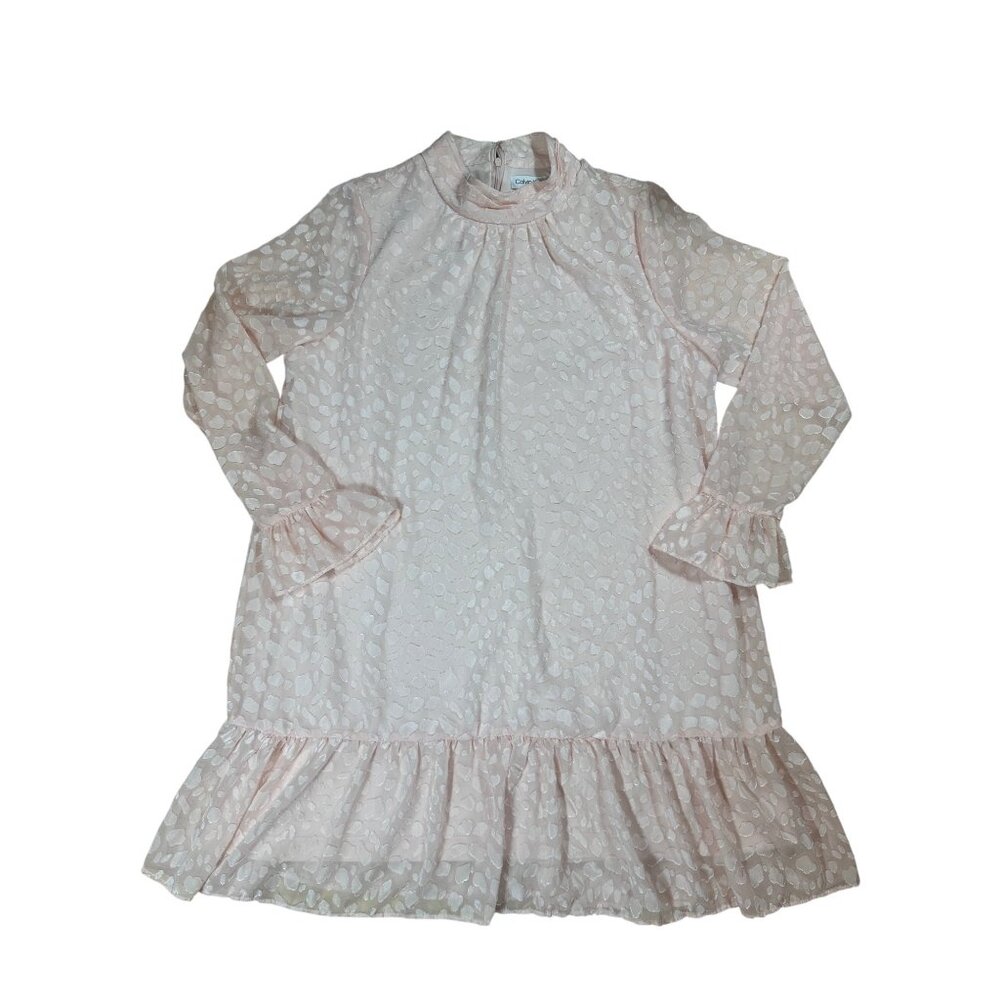 Calvin Klein Blush Pink Jacquard Mock Neck Ruffle Hem Dress L - Picture 4 of 9